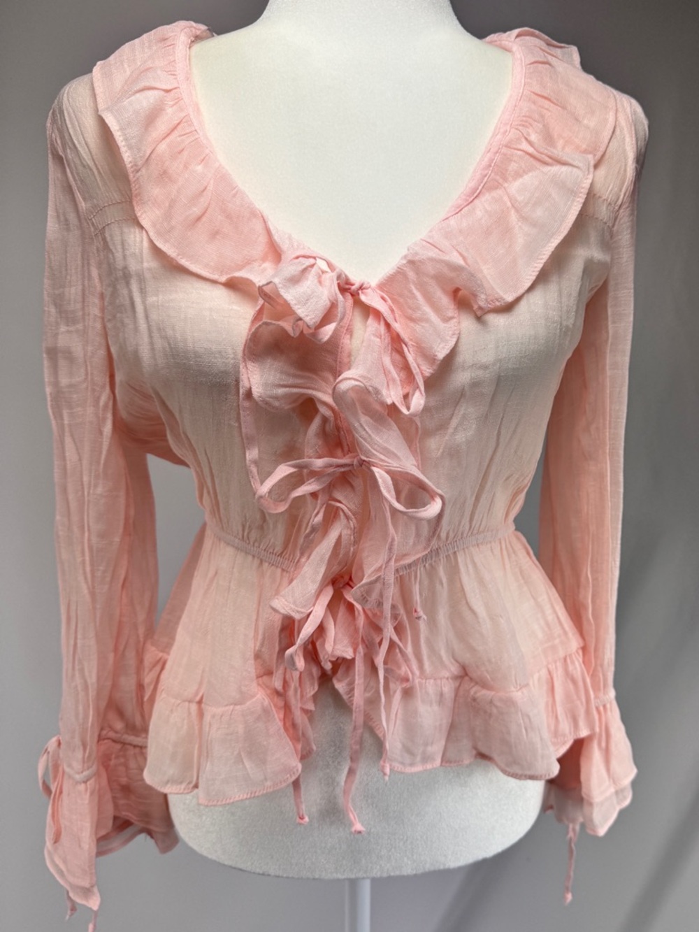 Love & Piece Pink Ruffle Tie Front Blouse Boho Romantic Size M NWT